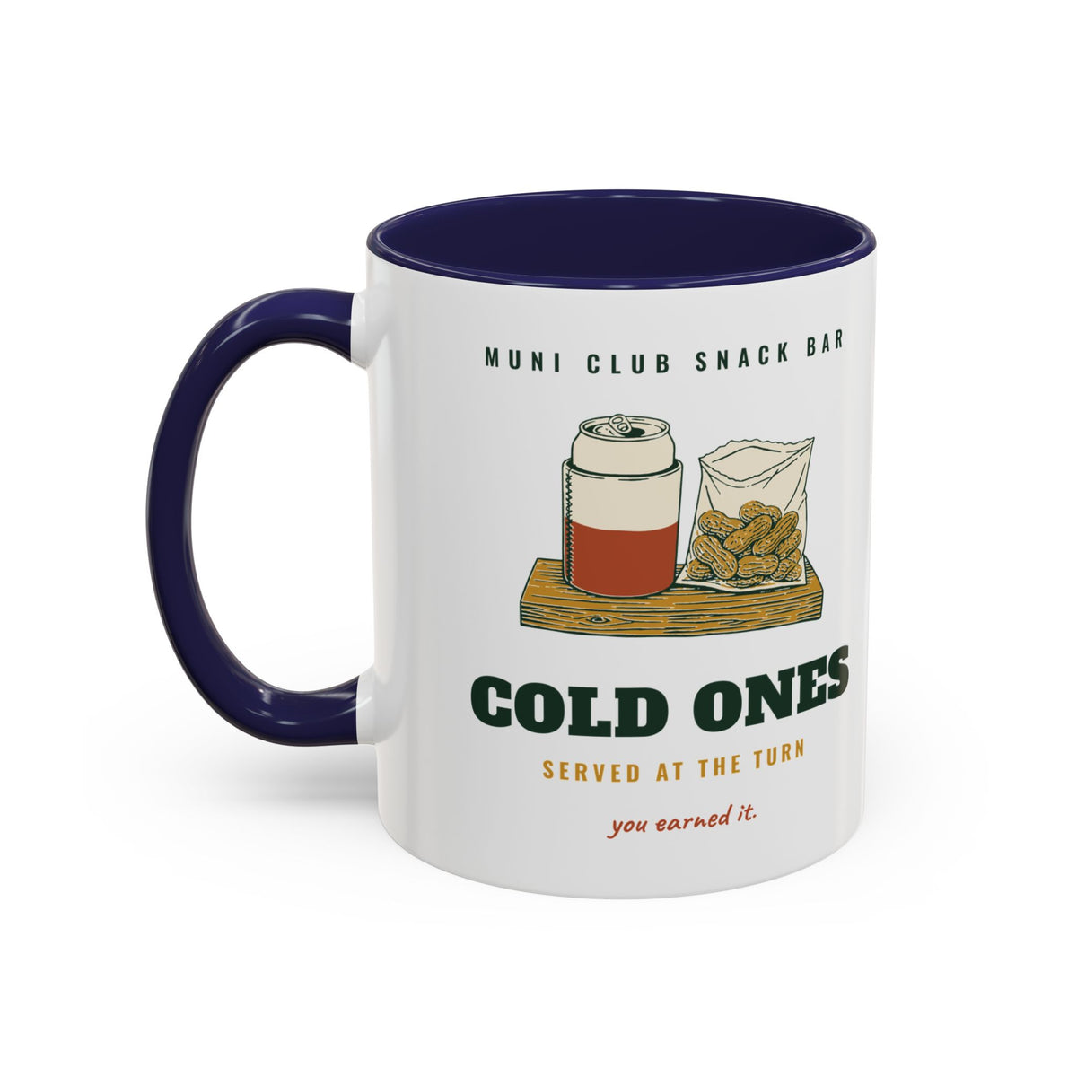 Cold Ones Mug in Navy, design, handle left