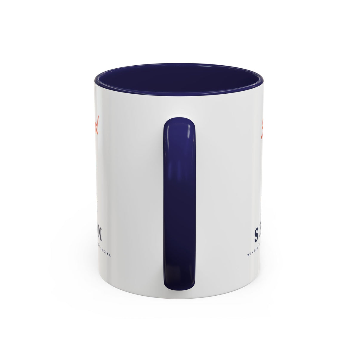 Snowbird Season Mug in Navy, handle view