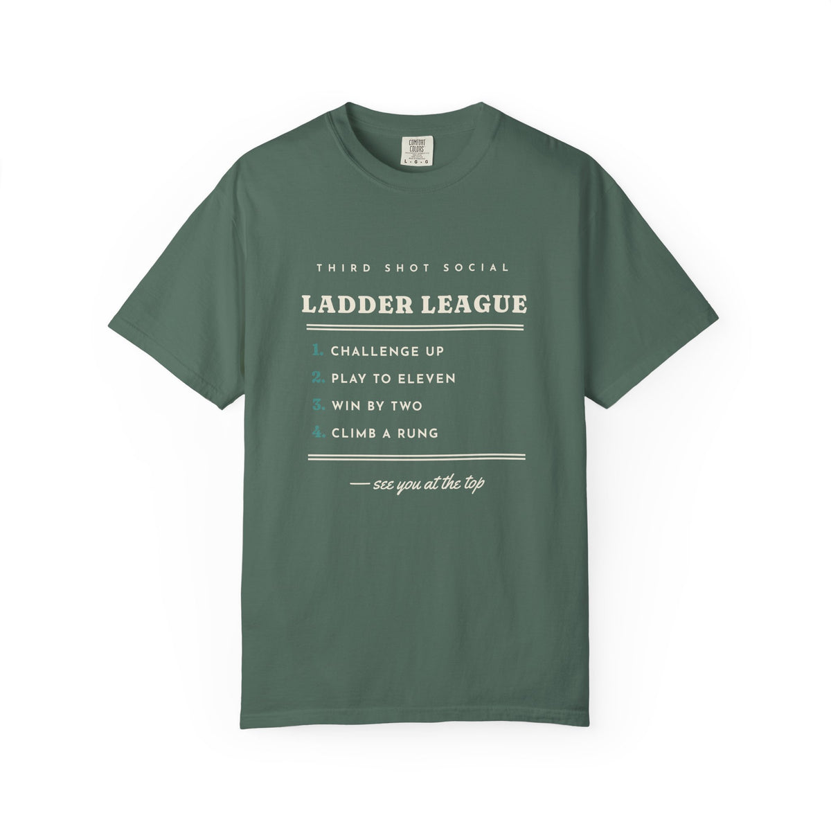 Ladder League Tee in Blue Spruce, front view
