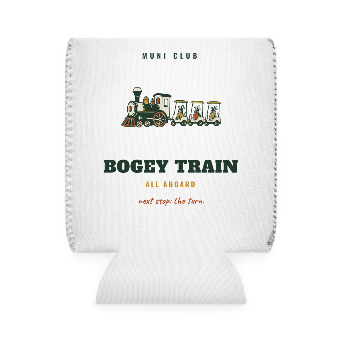 Bogey Train Can Cooler in White, back view