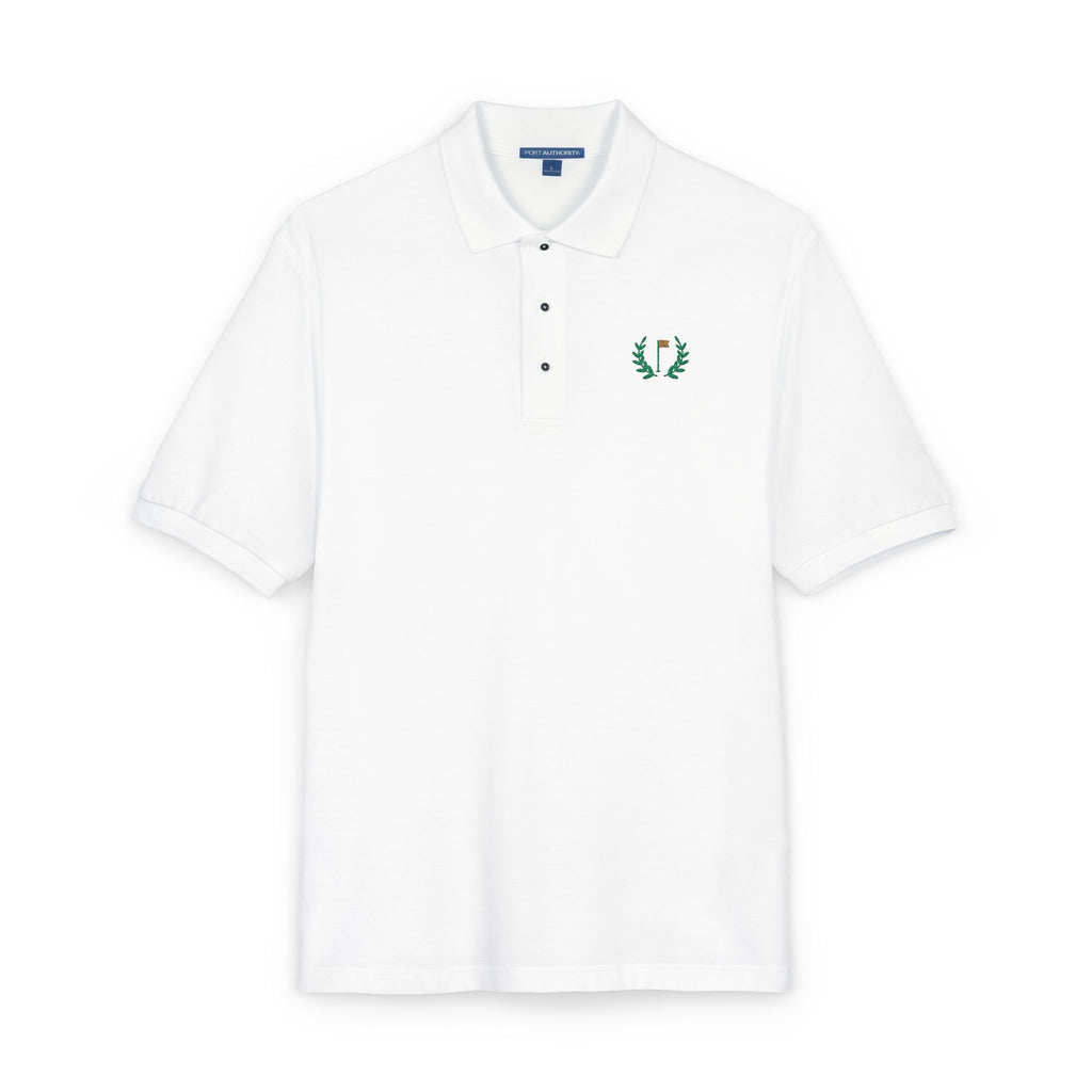 Laurel Flag Polo in White, embroidery close-up