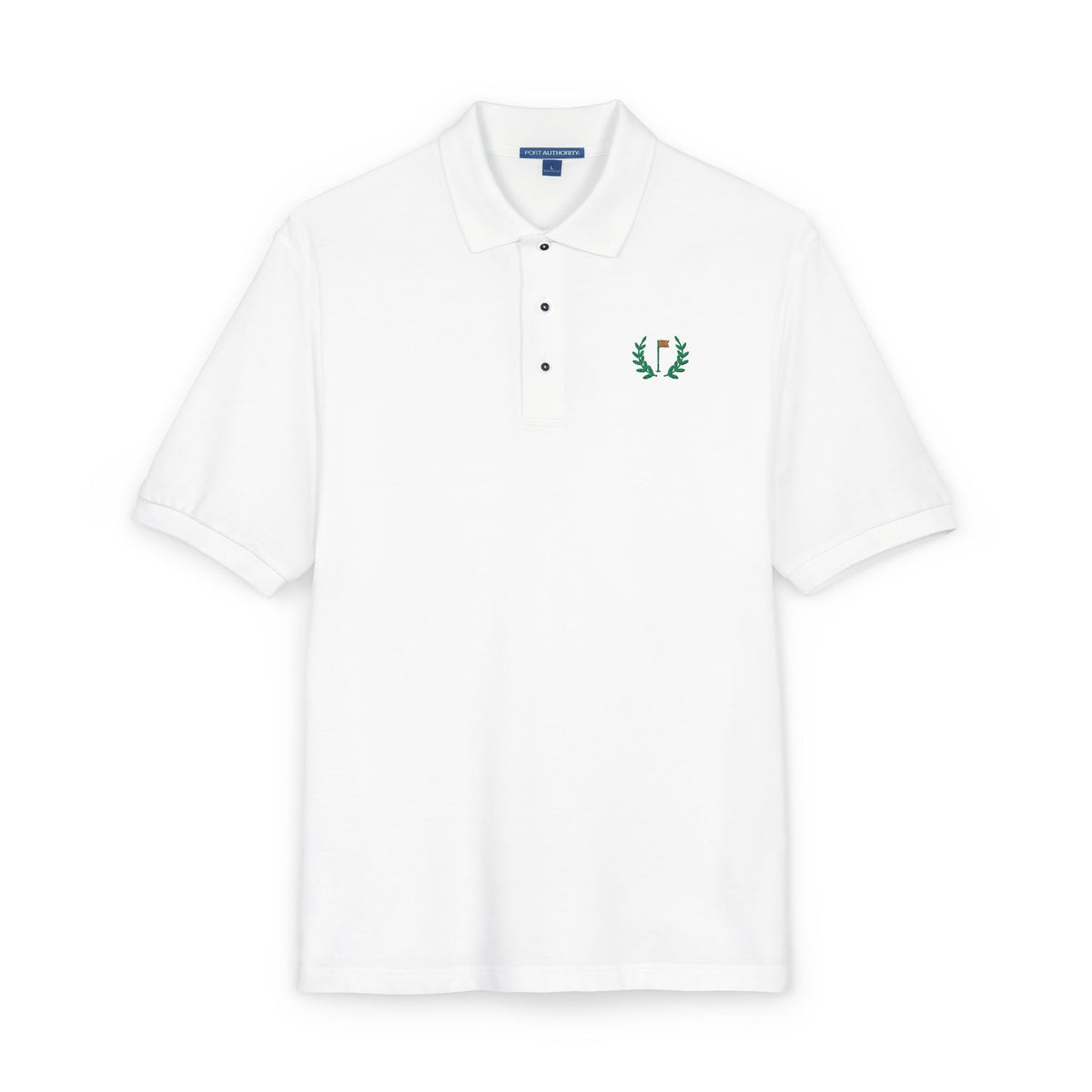 Laurel Flag Polo in White, embroidery close-up