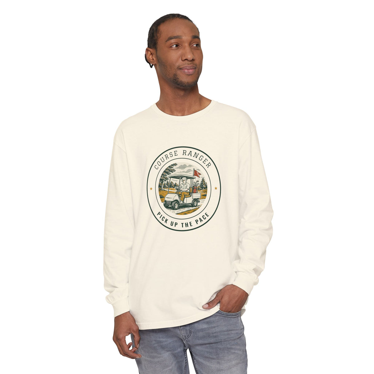 Course Ranger Long Sleeve Tee in Ivory, on model
