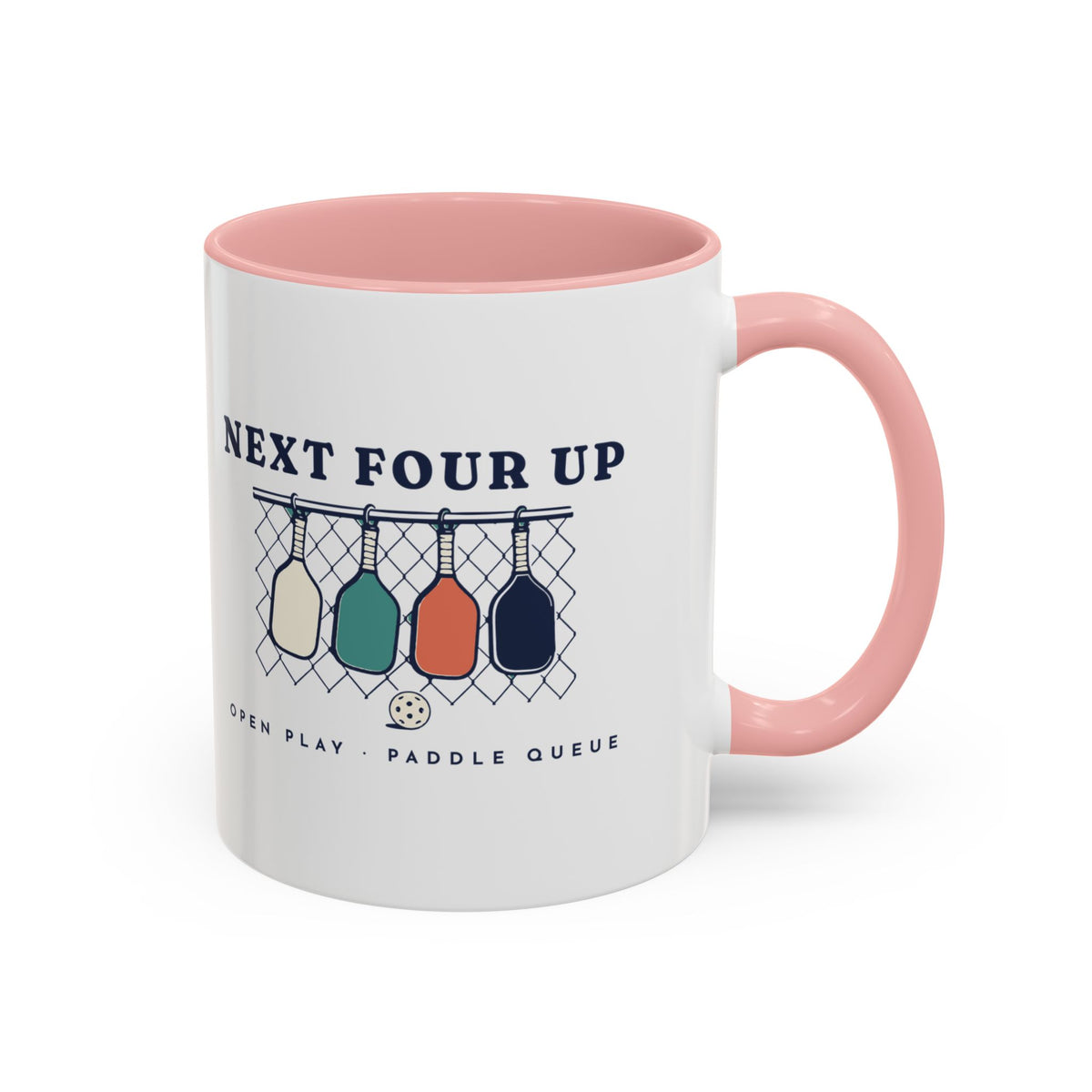 Next Four Up Mug in Pink, design, handle right