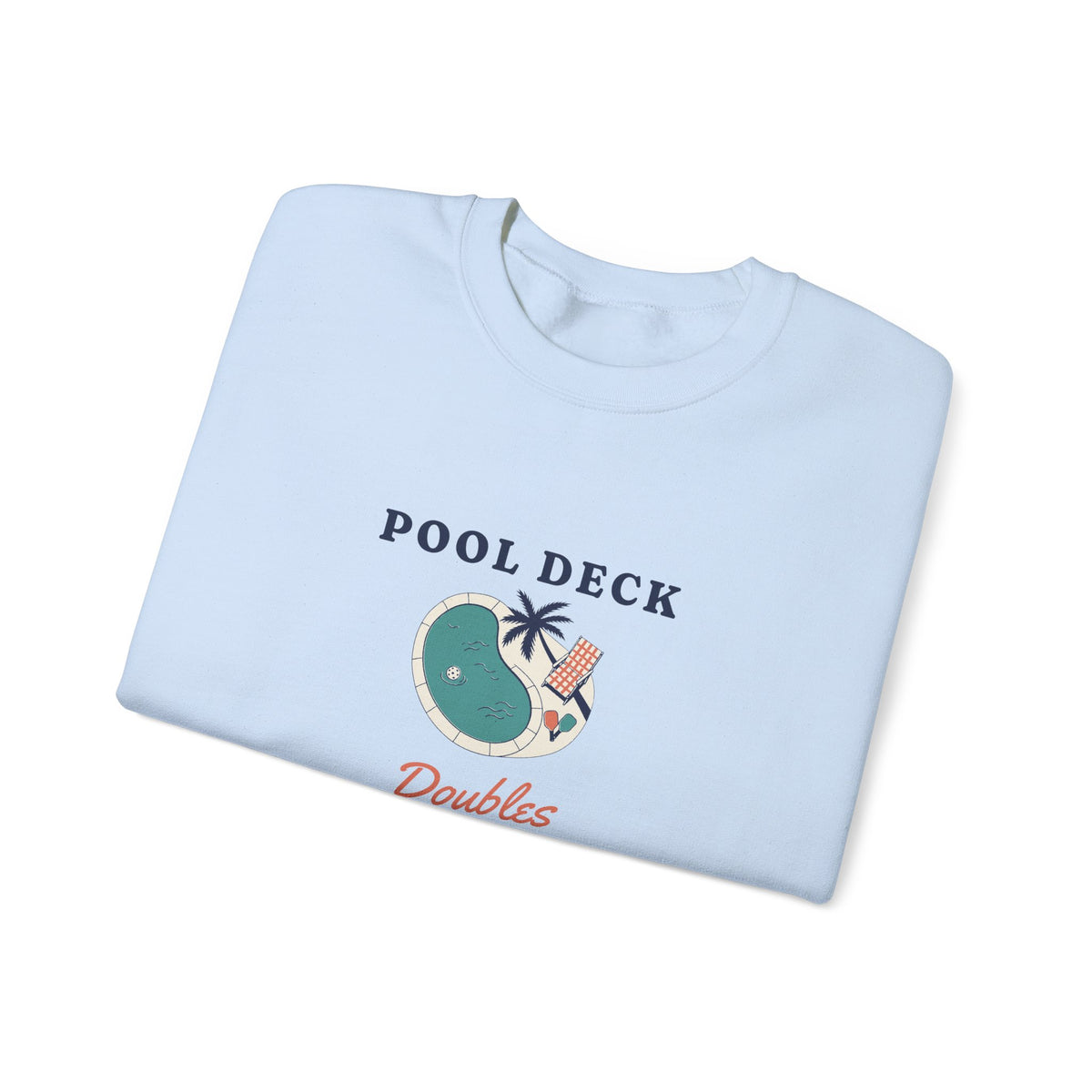 Pool Deck Doubles Crewneck in Light Blue, folded