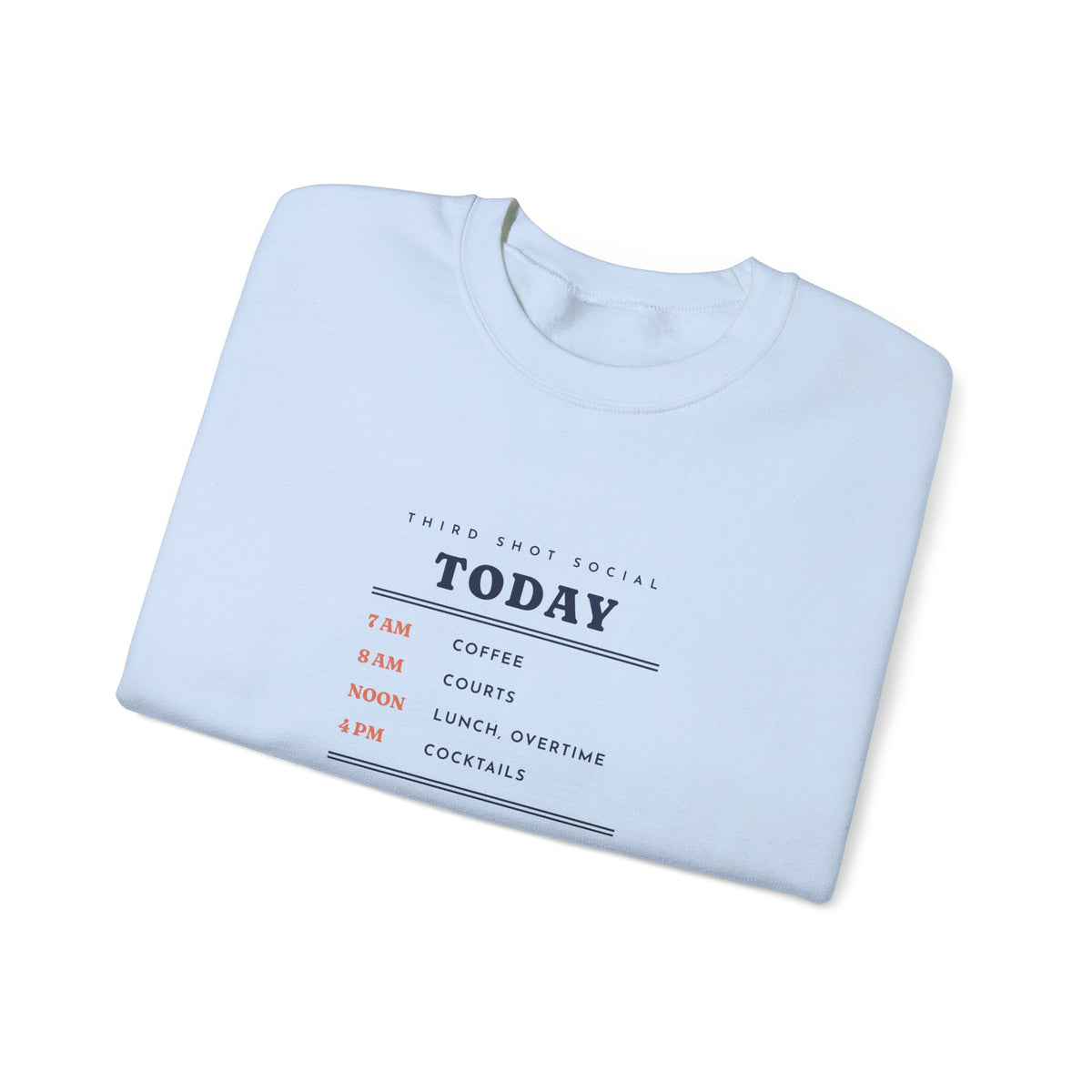 Coffee, Courts, Cocktails Crewneck in Light Blue, folded