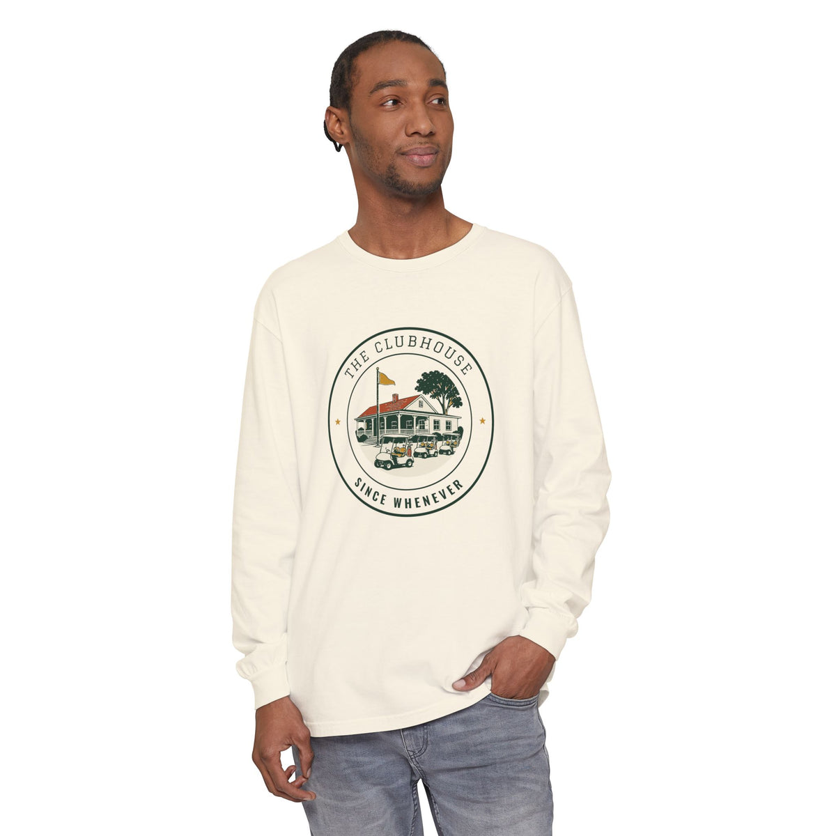 The Clubhouse Long Sleeve Tee in Ivory, on model