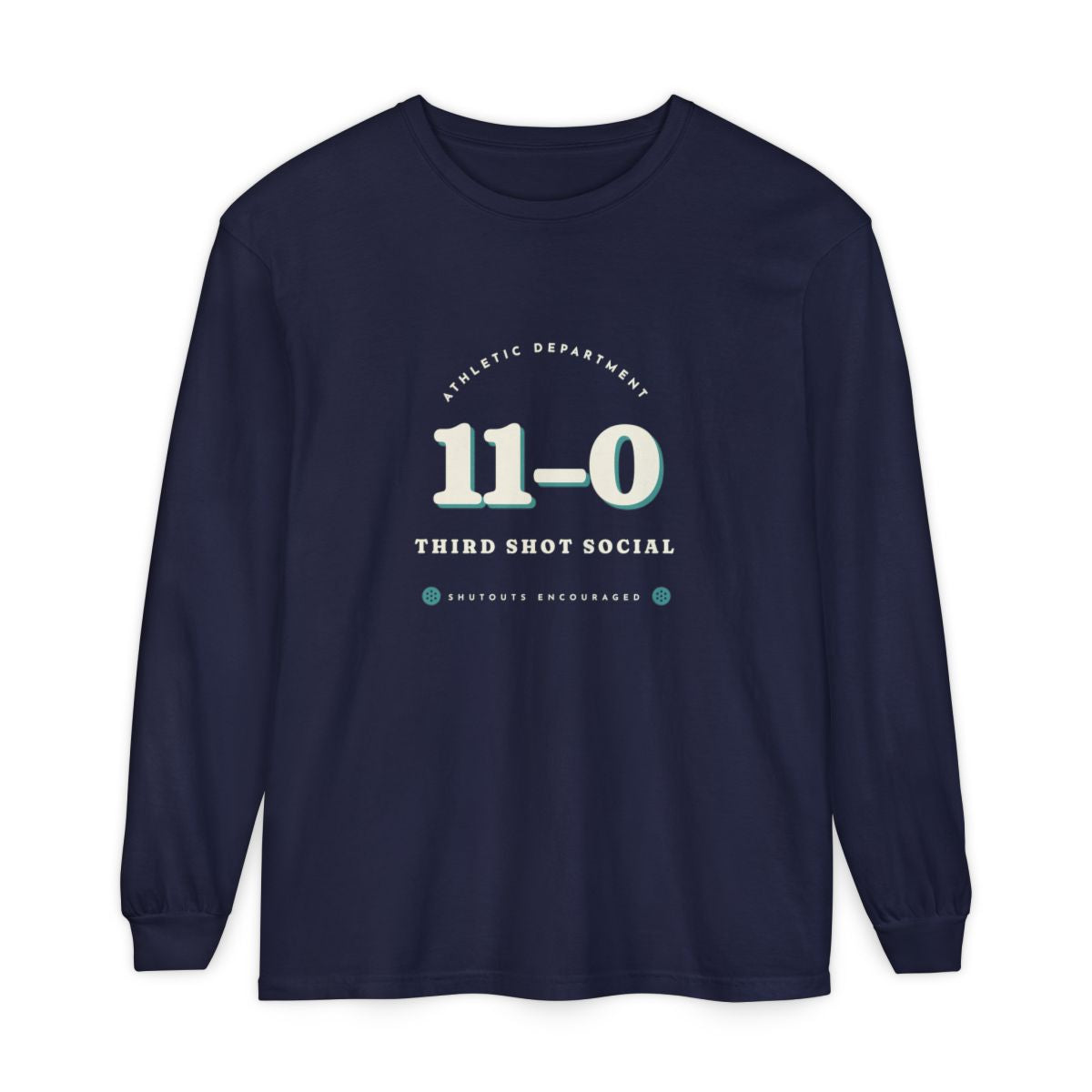 11–0 Athletic Department Long Sleeve Tee in True Navy, front view