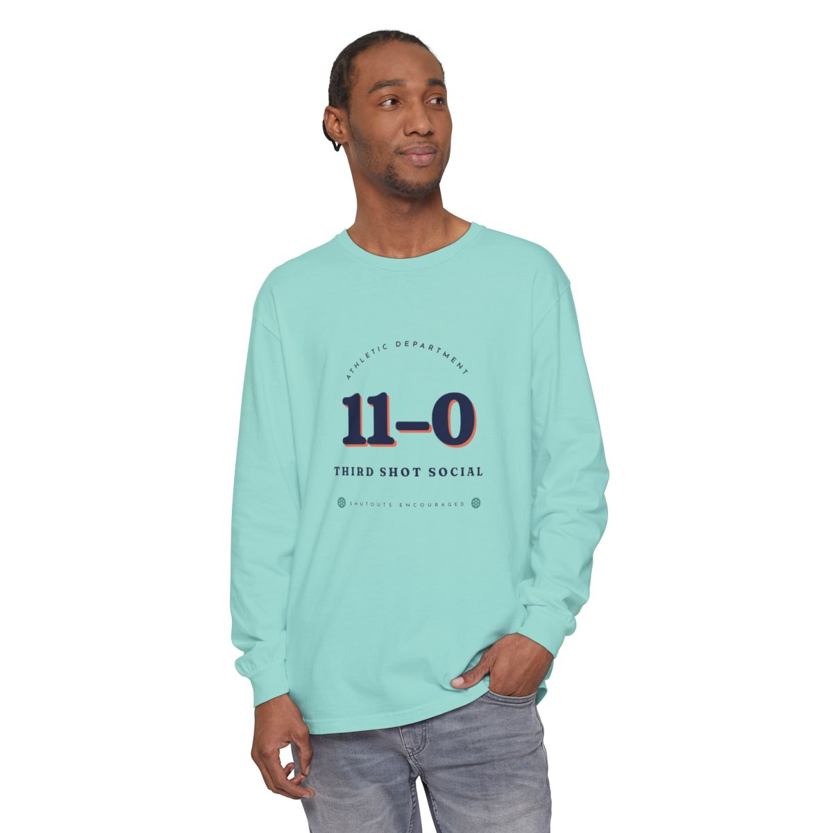 11–0 Athletic Department Long Sleeve Tee in Chalky Mint, on model