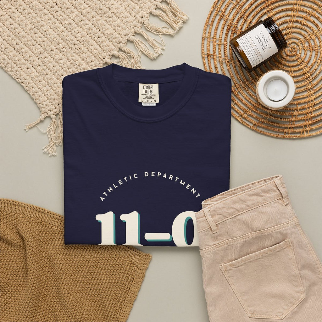 11–0 Athletic Department Tee in True Navy, fabric and print detail