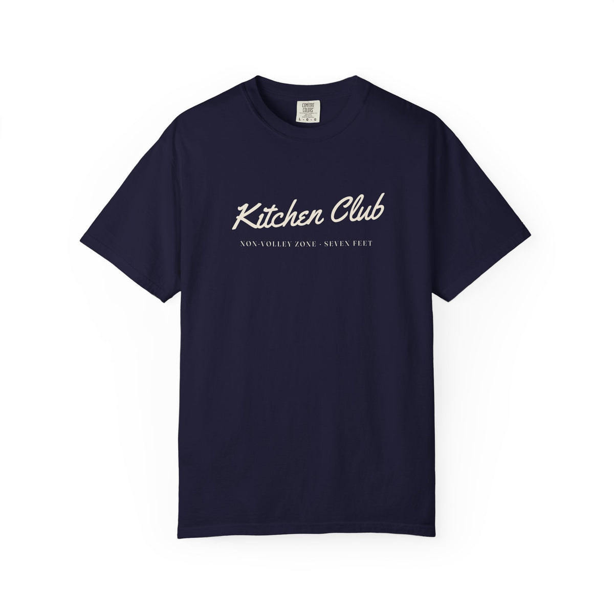 Kitchen Club Script Tee in True Navy, front view
