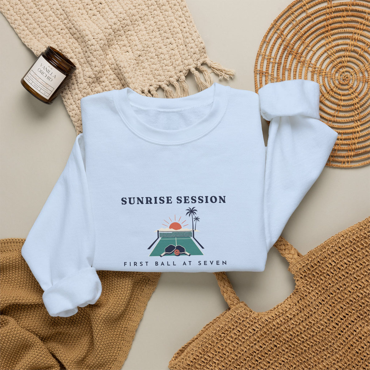 Sunrise Session Crewneck in Light Blue, flat lay