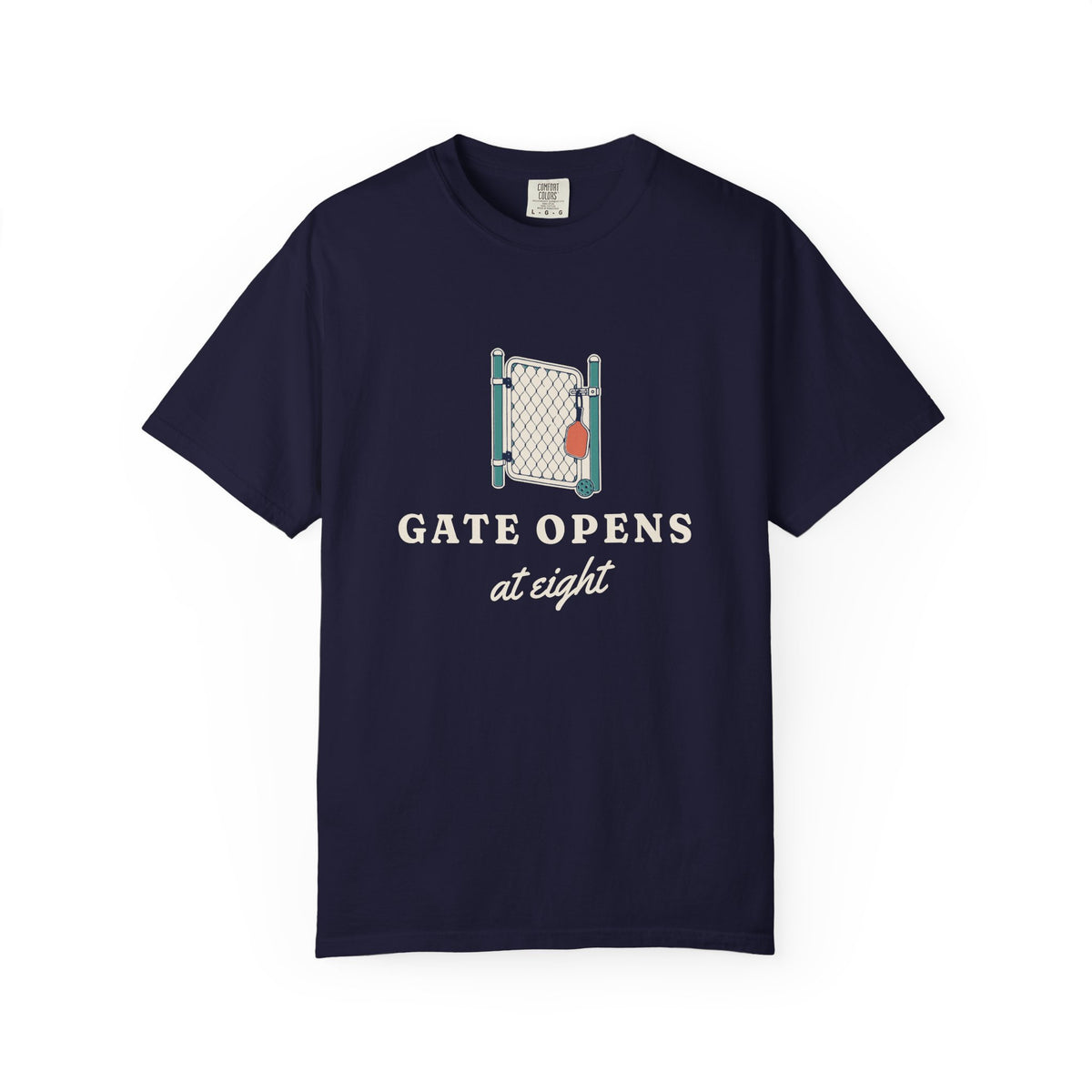 Gate Opens at Eight Tee in True Navy, front view