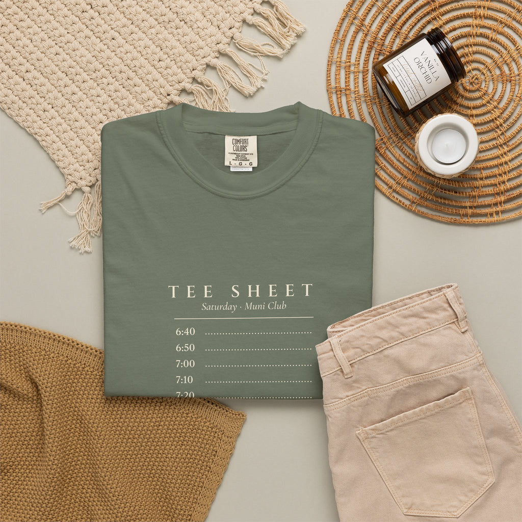 Tee Sheet Tee in Moss, fabric and print detail