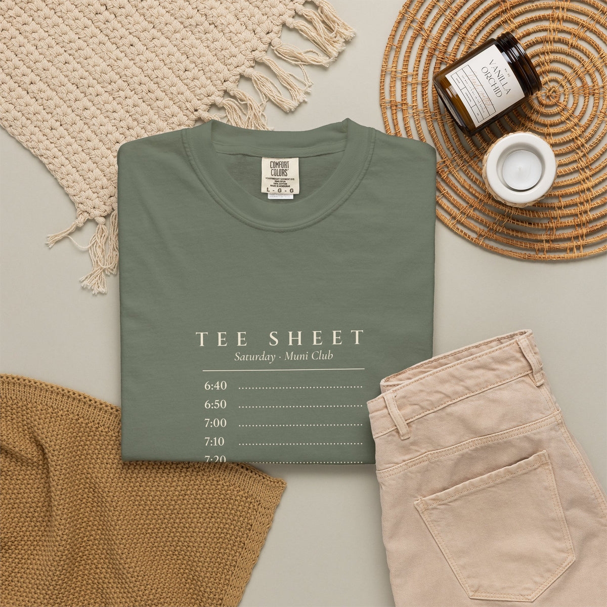 Tee Sheet Tee in Moss, fabric and print detail