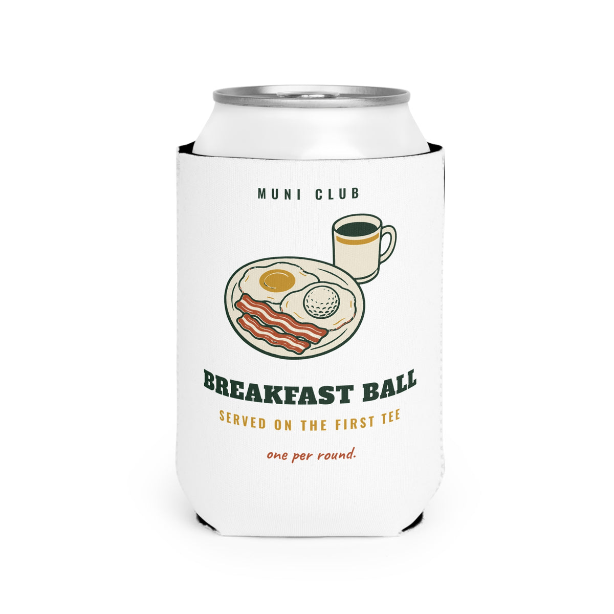 Breakfast Ball Can Cooler in White, front view, second angle