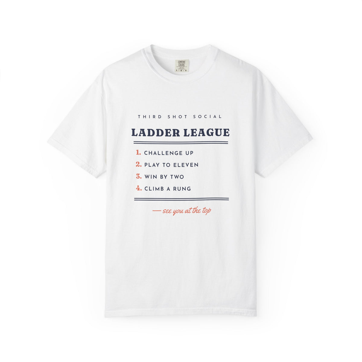 Ladder League Tee in White, front view