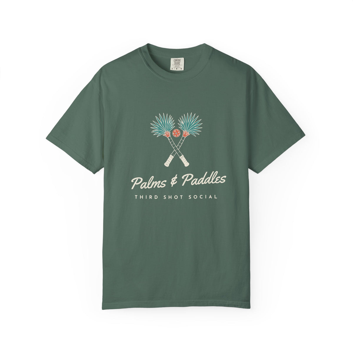 Palms & Paddles Tee in Blue Spruce, front view