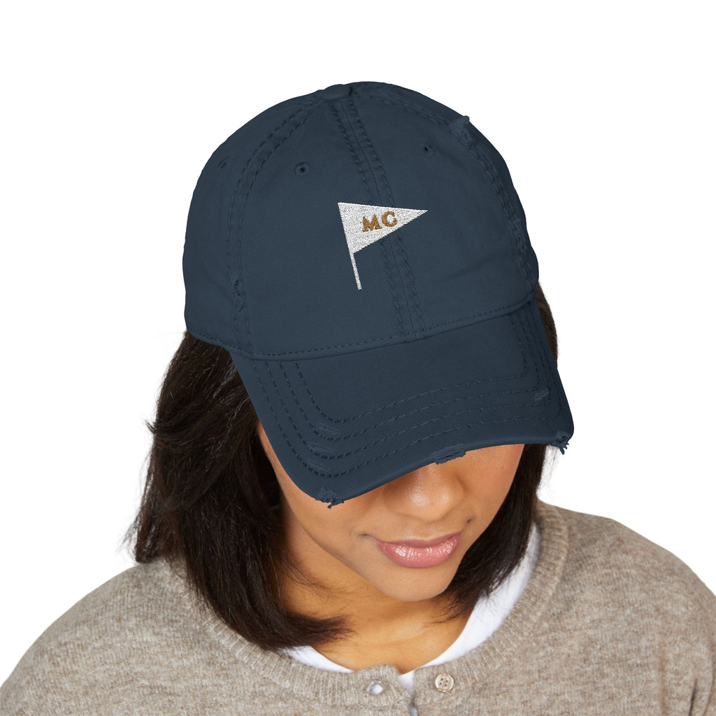 MC Pennant Dad Hat in Dark Navy, on model
