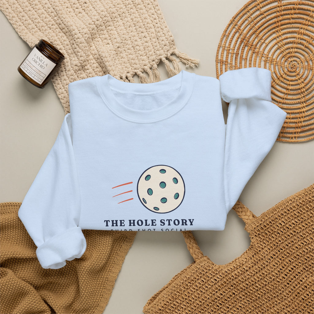 The Hole Story Crewneck in Light Blue, flat lay