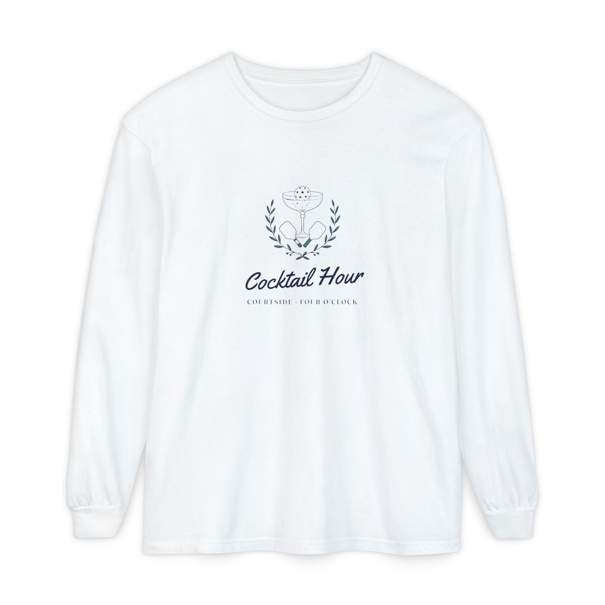 Cocktail Hour Coupe Long Sleeve Tee in White, front view