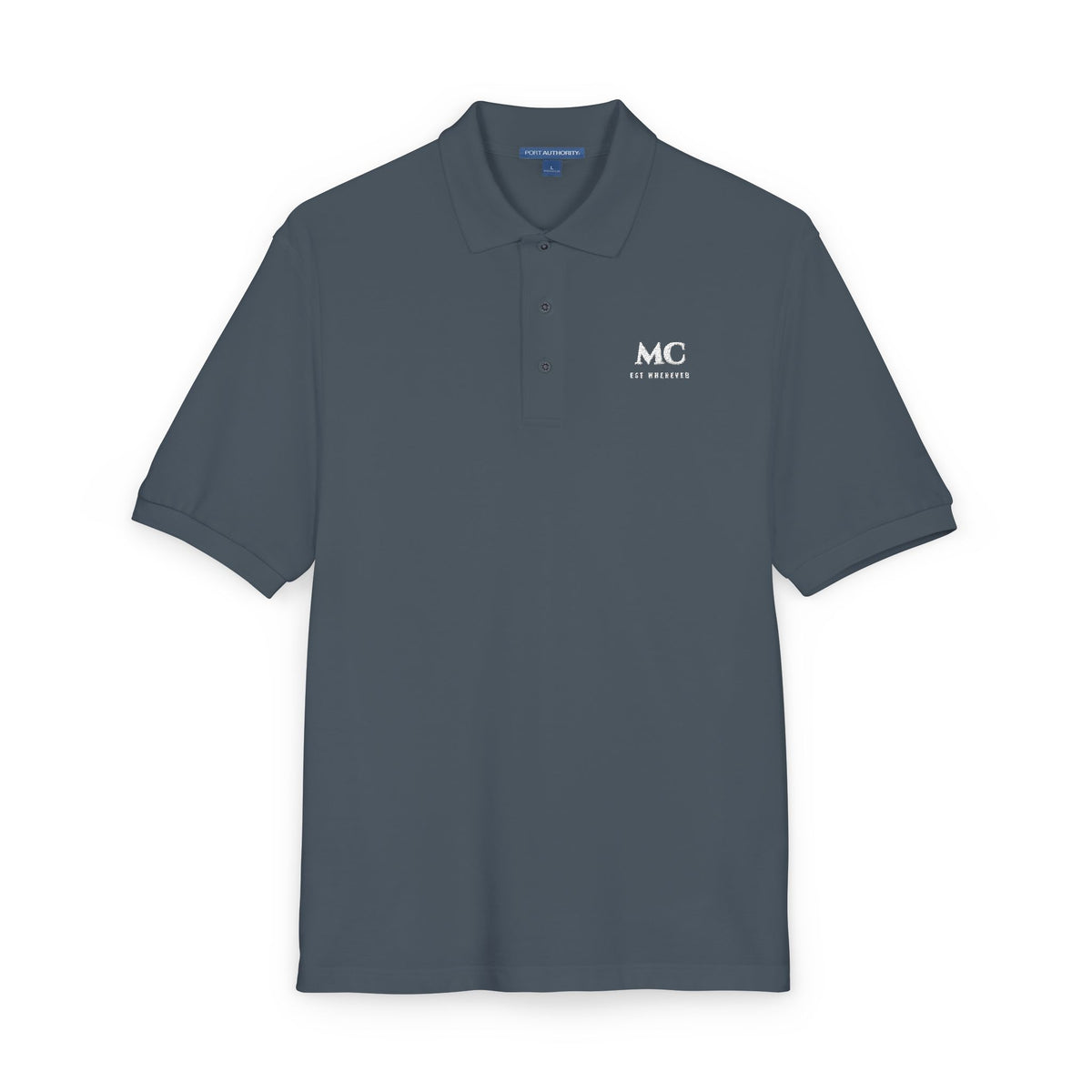 Est. Whenever Polo in Steel Grey, embroidery close-up
