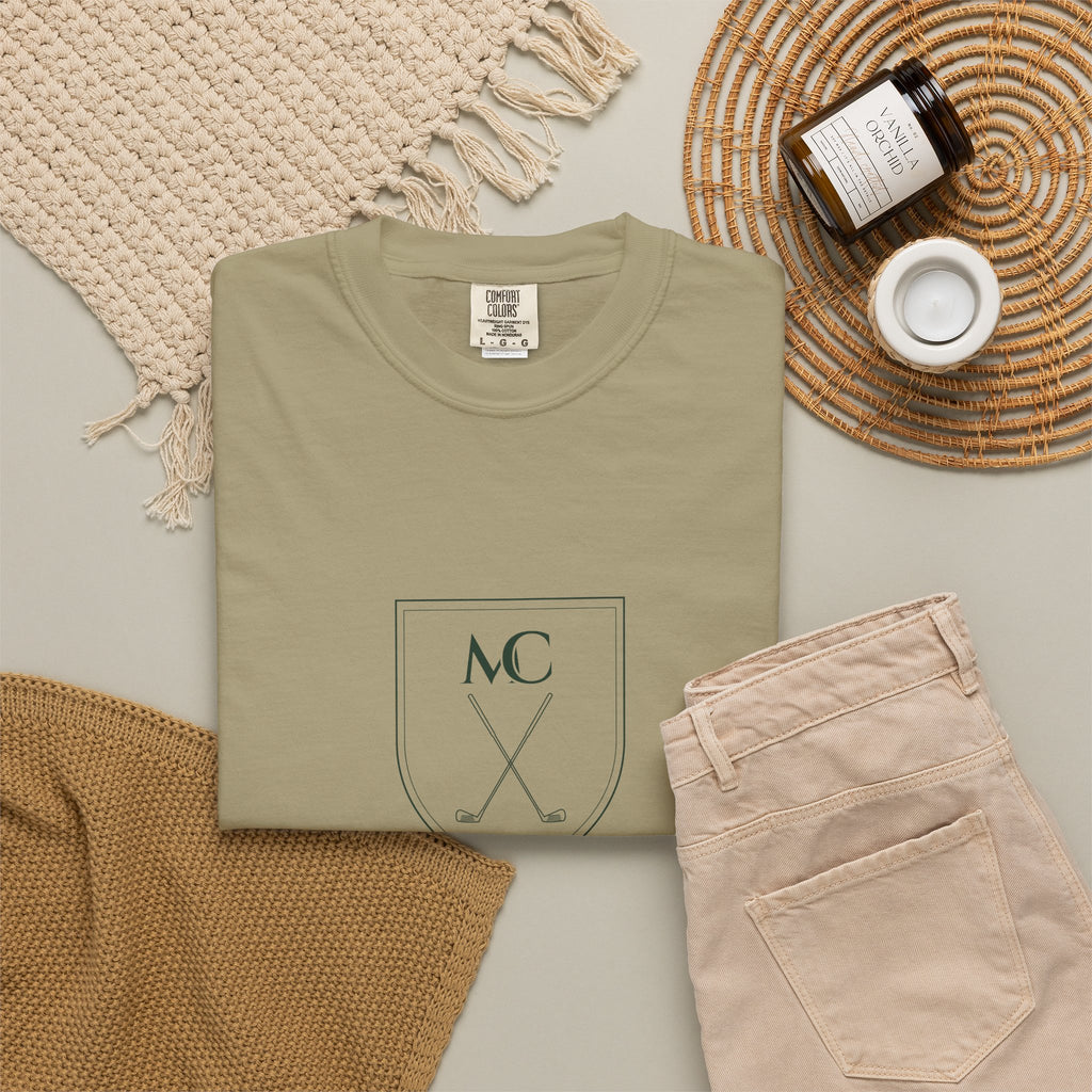 Club Crest Tee in Khaki, fabric and print detail