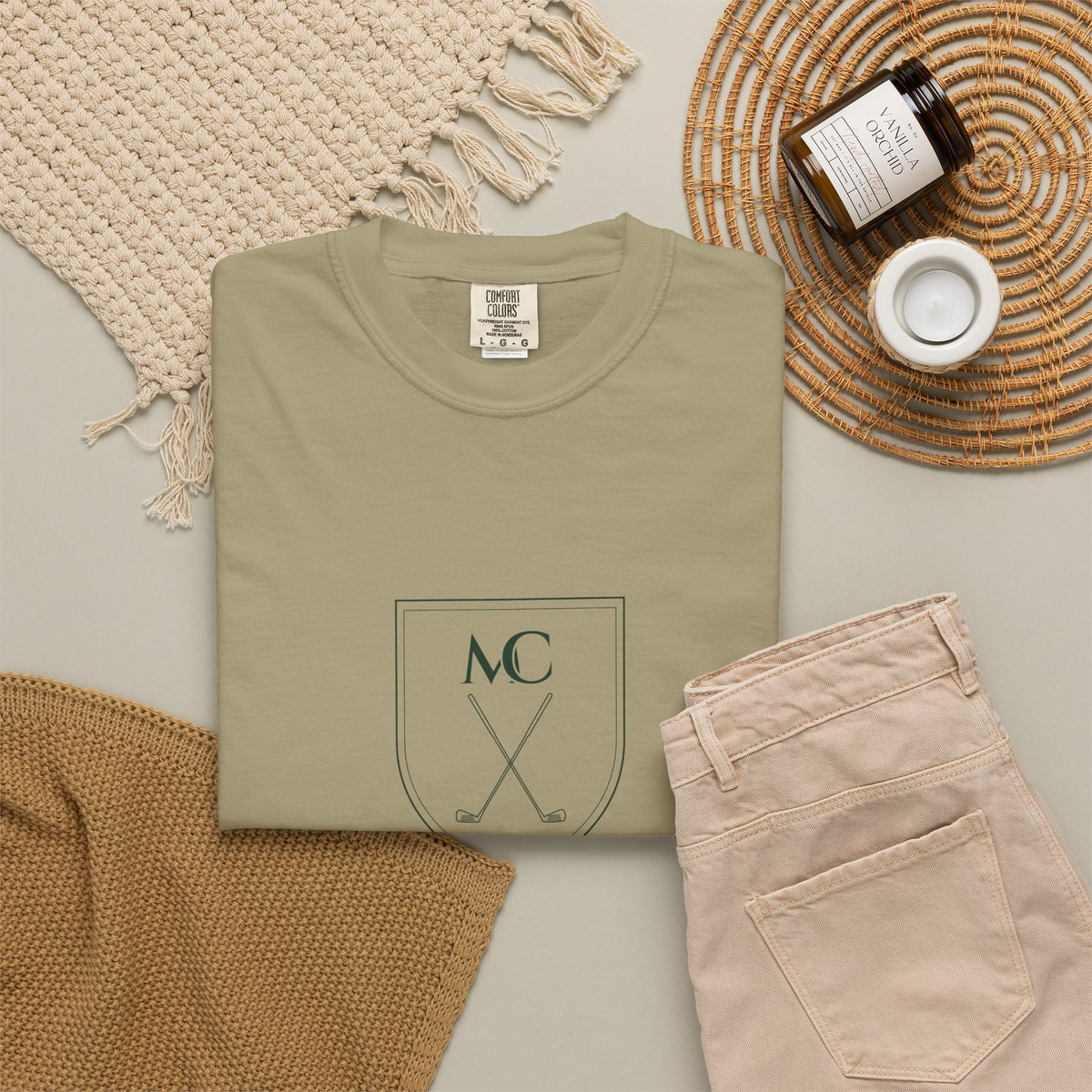 Club Crest Tee in Khaki, fabric and print detail