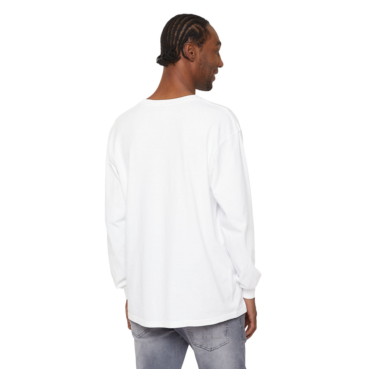 Cocktail Hour Coupe Long Sleeve Tee in White, on model, back view