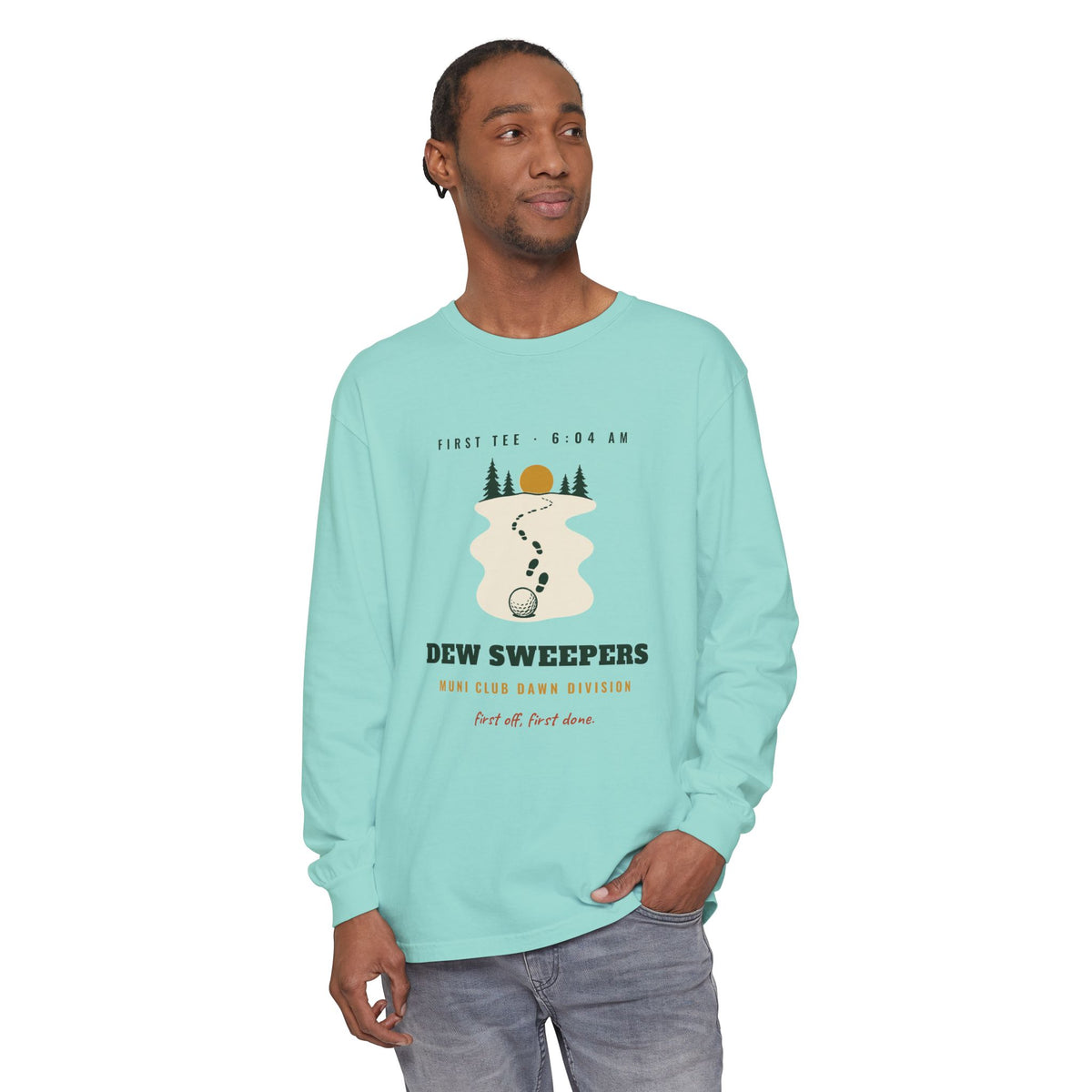 Dew Sweepers Long Sleeve Tee in Chalky Mint, on model