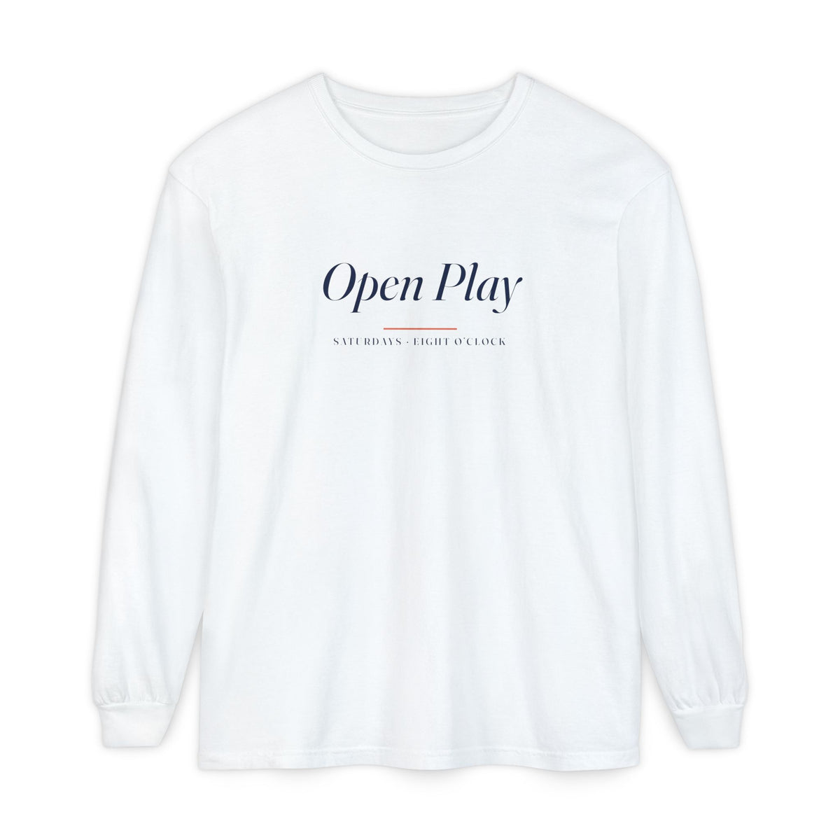Open Play Italic Long Sleeve Tee in White, front view