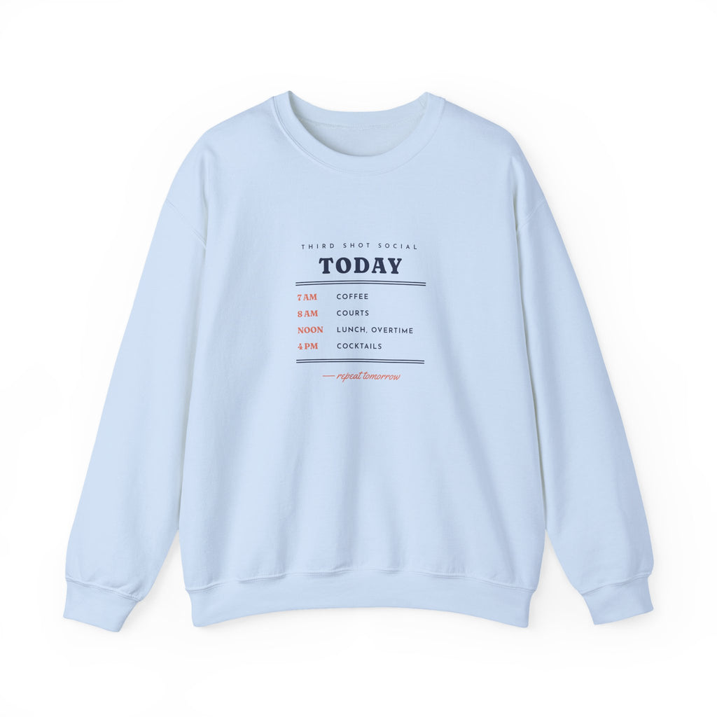 Coffee, Courts, Cocktails Crewneck in Light Blue, front view