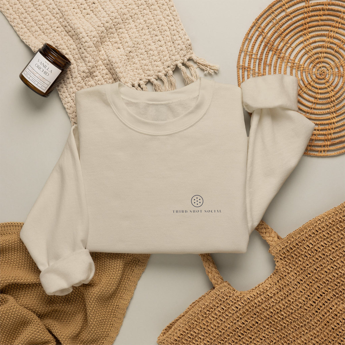 Ball Mark Crewneck in Sand, flat lay