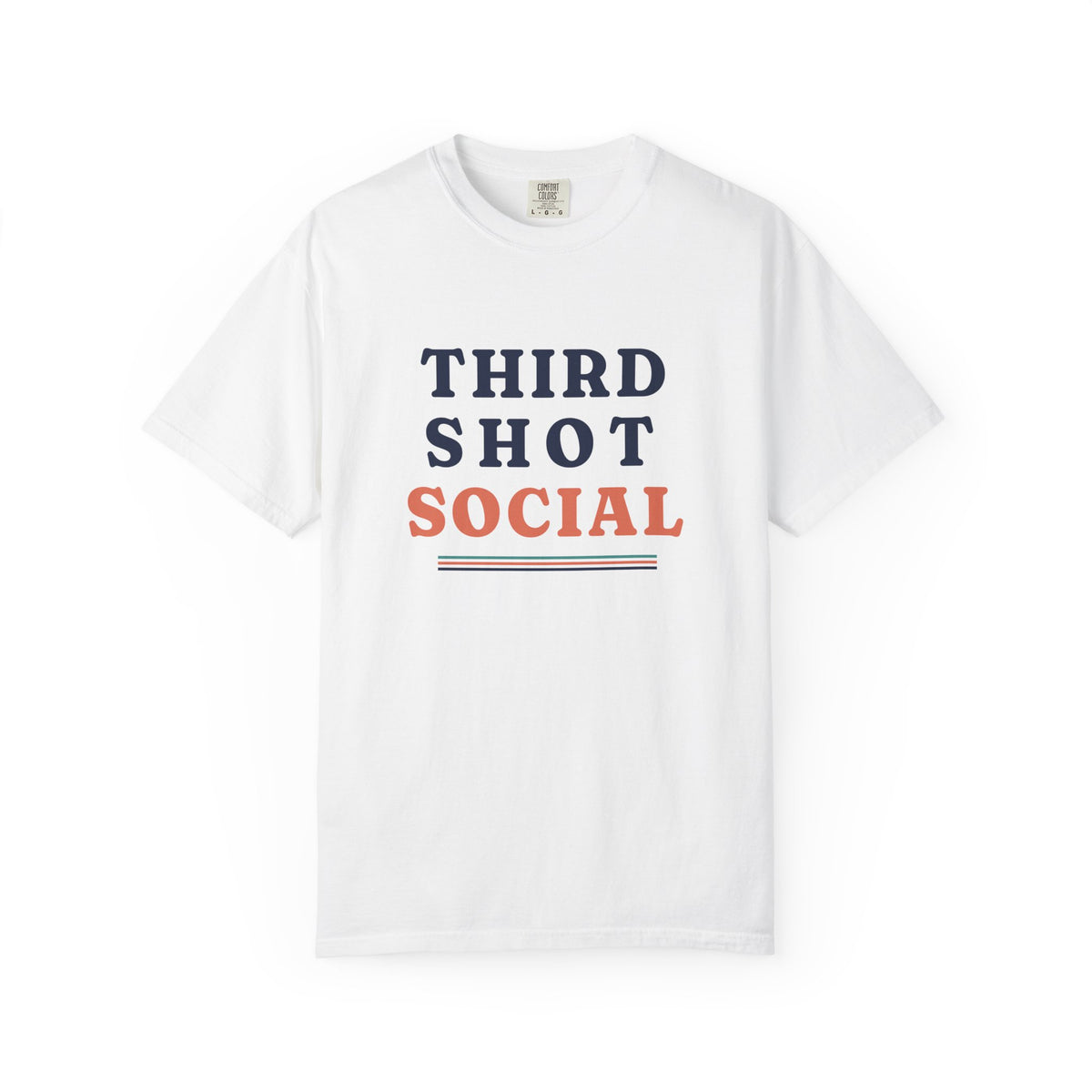 Third Shot Social Stacked Tee in White, front view