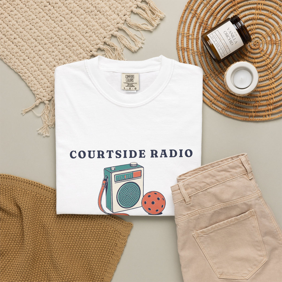 Courtside Radio Tee in White, flat lay