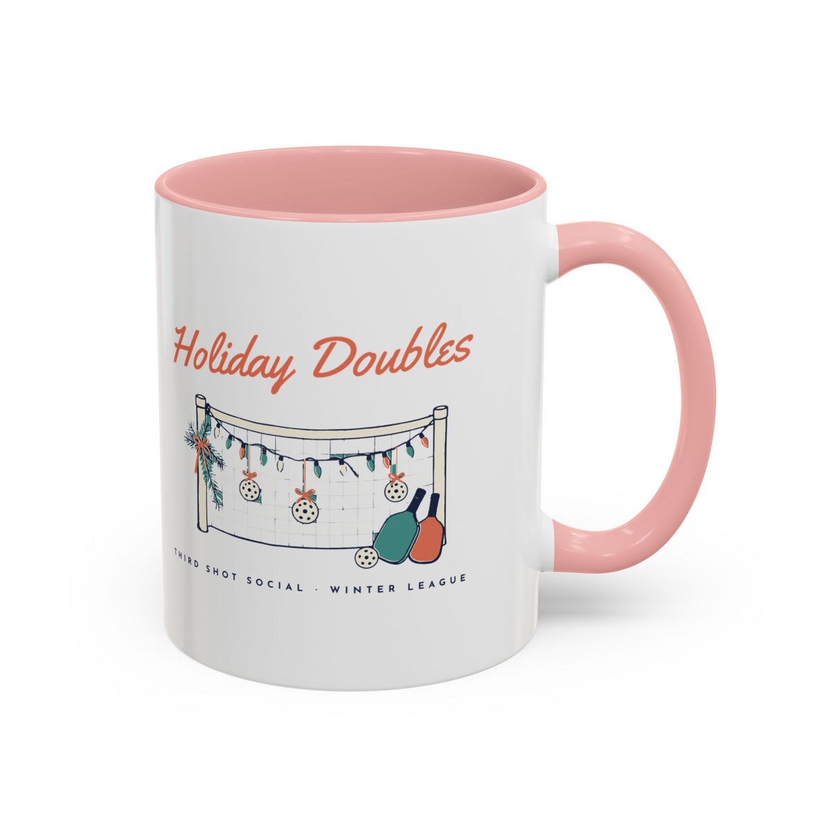 Holiday Doubles Mug in Pink, design, handle right