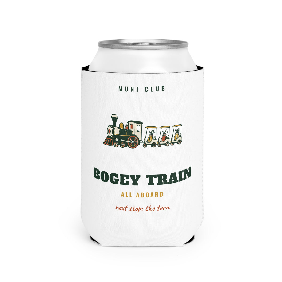 Bogey Train Can Cooler in White, front view, second angle