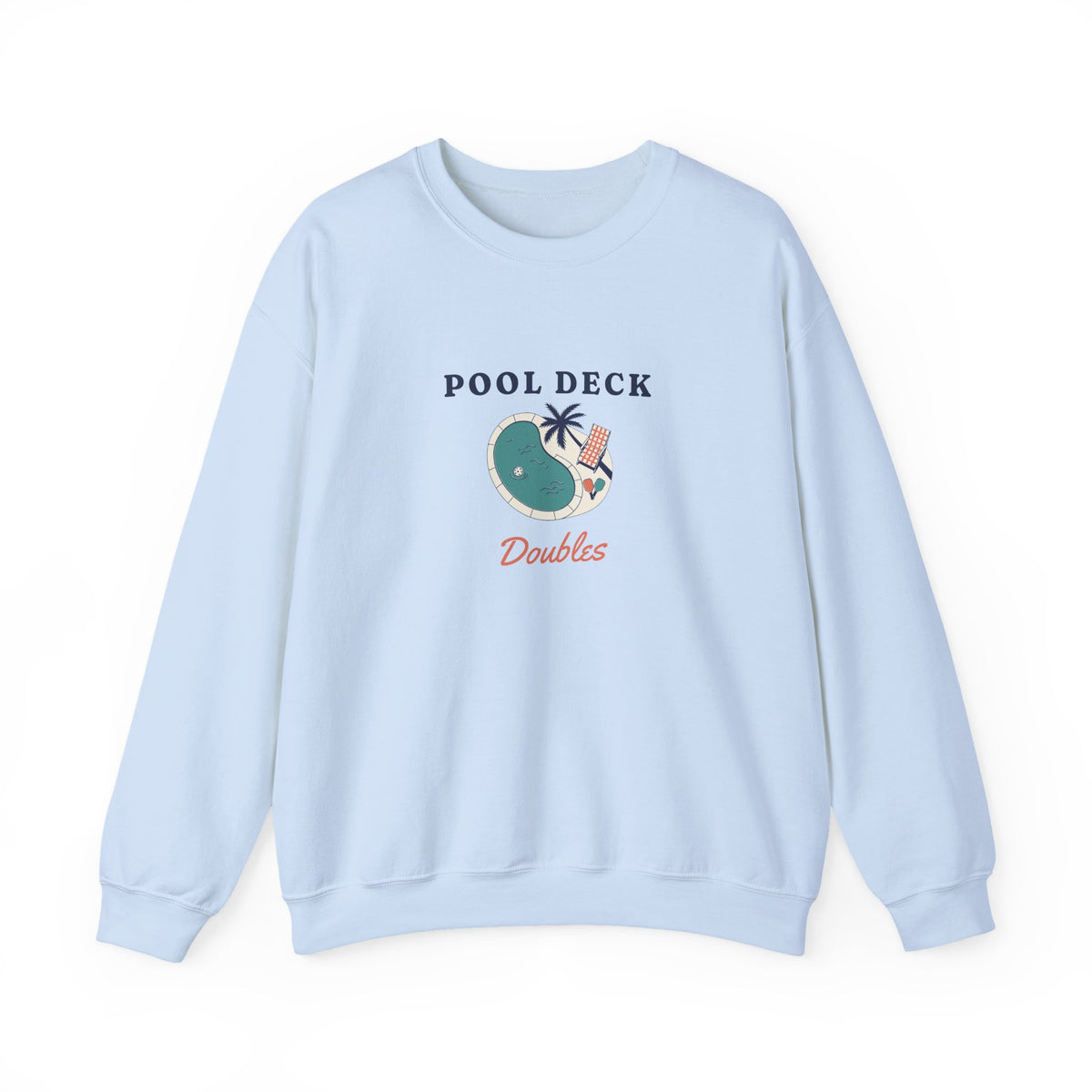 Pool Deck Doubles Crewneck in Light Blue, front view