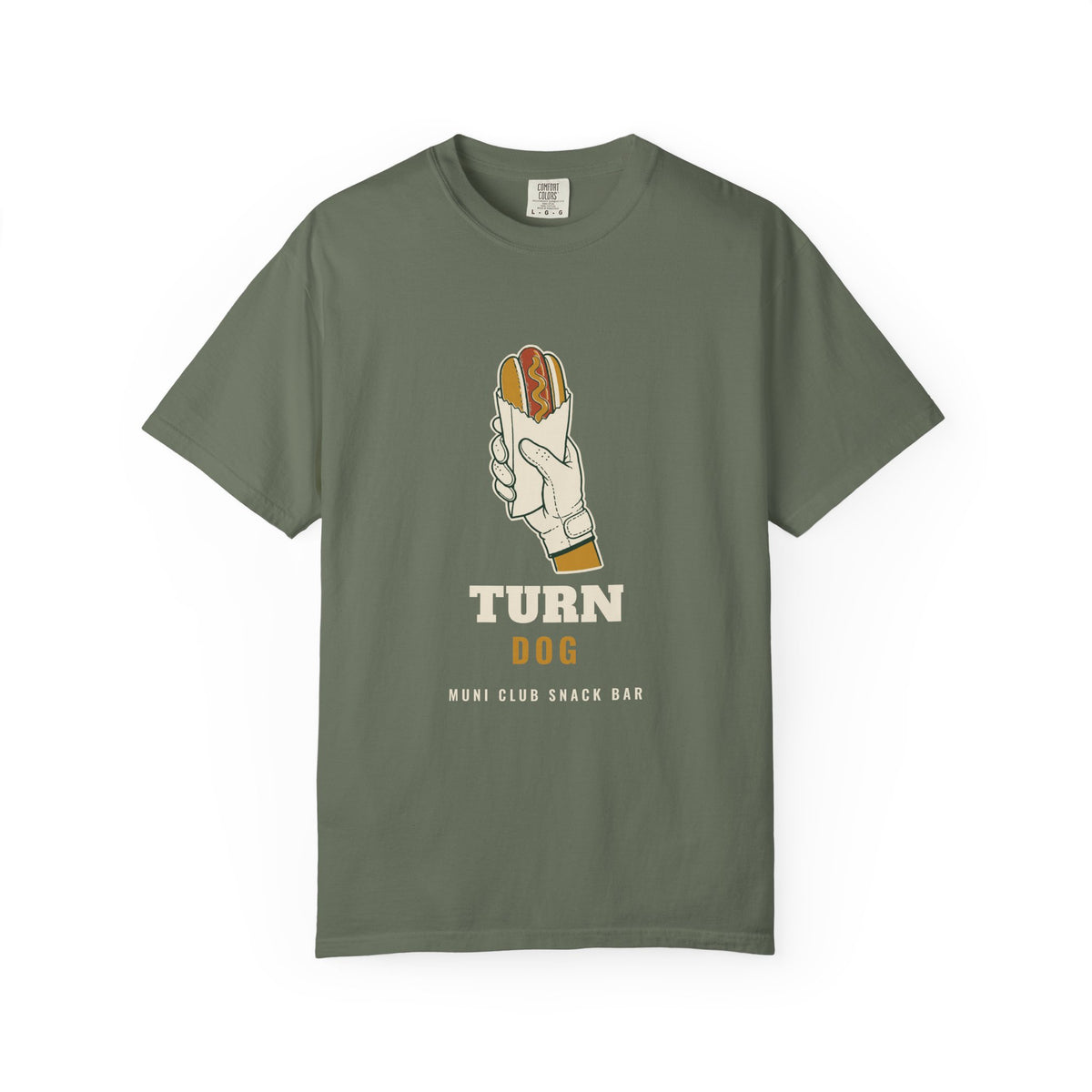 Turn Dog Tee in Moss, front view