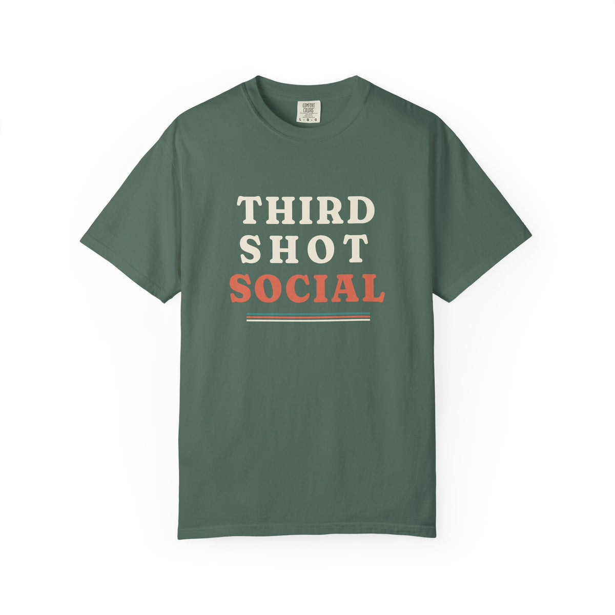 Third Shot Social Stacked Tee in Blue Spruce, front view