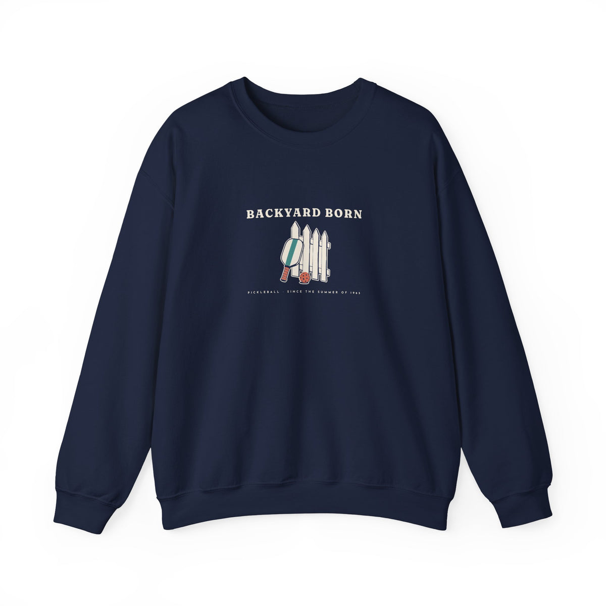 Backyard Born Crewneck in Navy, front view