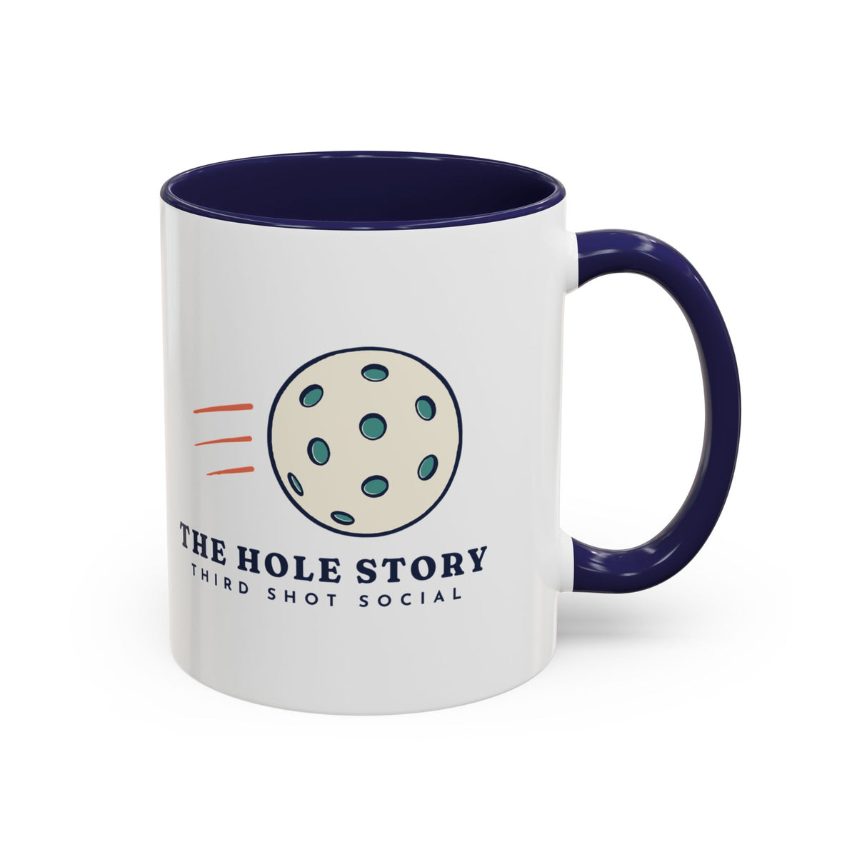 The Hole Story Mug in Navy, design, handle right