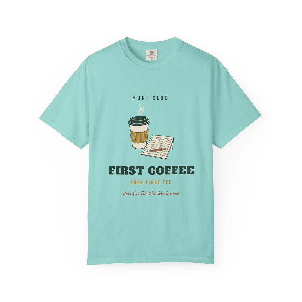 First Coffee Tee in Chalky Mint, front view