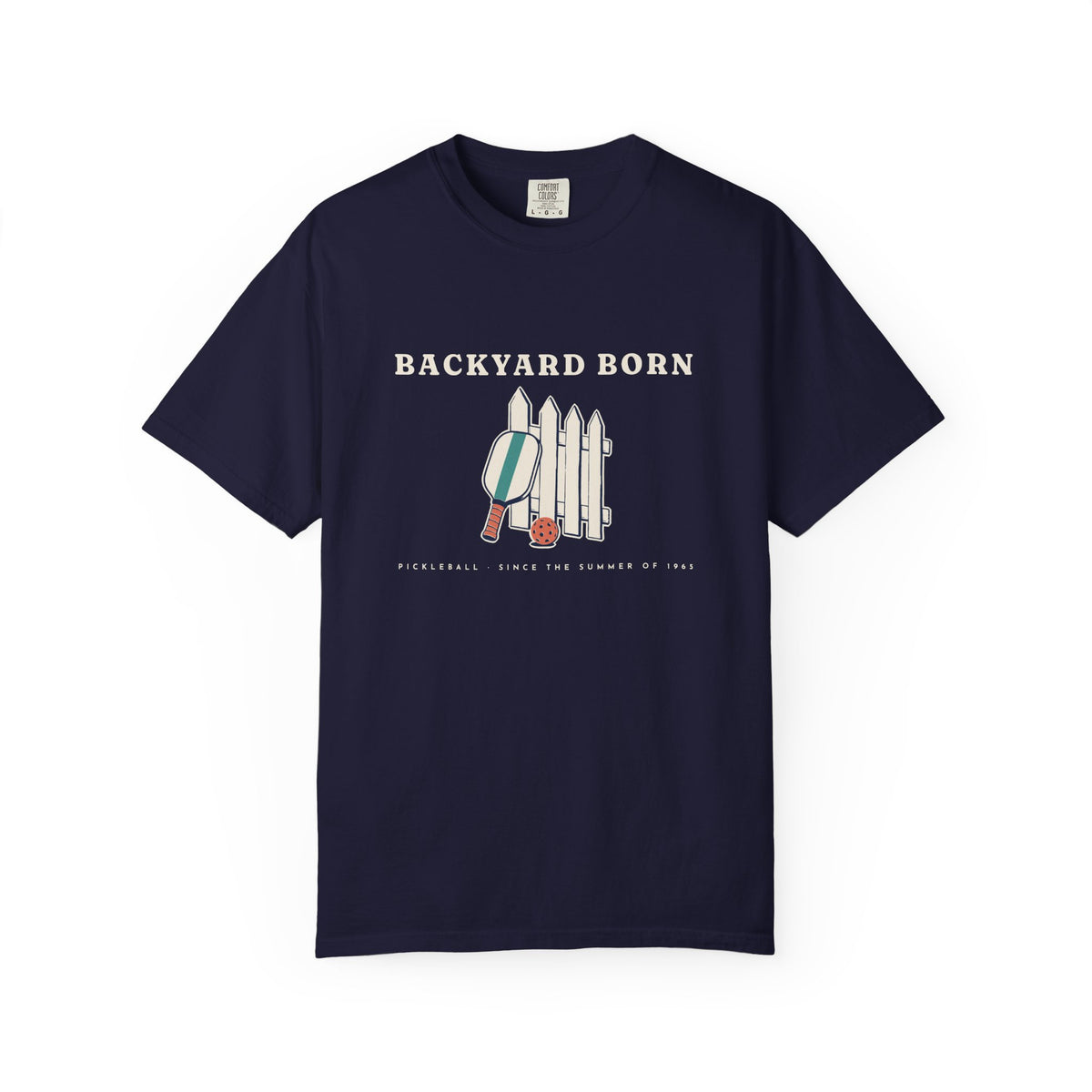 Backyard Born Tee in True Navy, front view