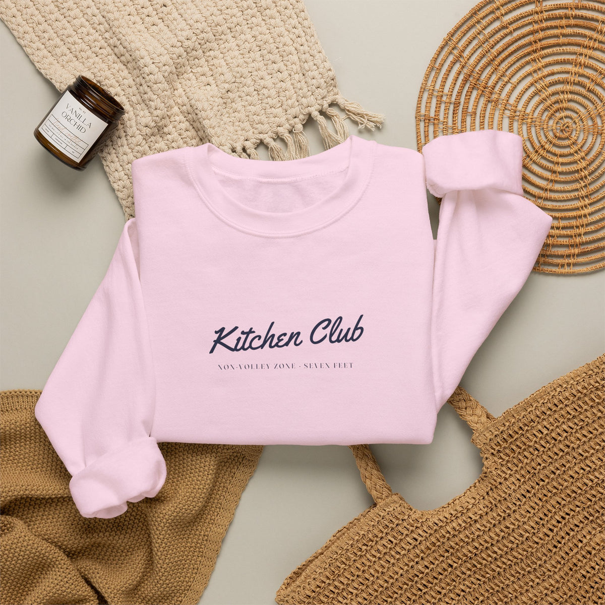 Kitchen Club Script Crewneck in Light Pink, flat lay