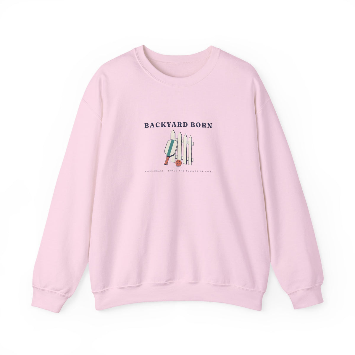 Backyard Born Crewneck in Light Pink, front view
