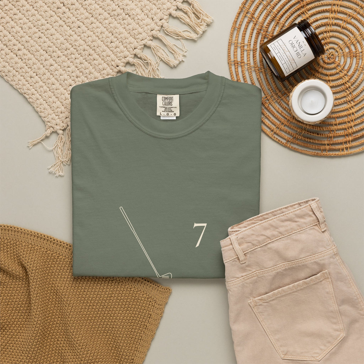 Seven Iron Tee in Moss, fabric and print detail