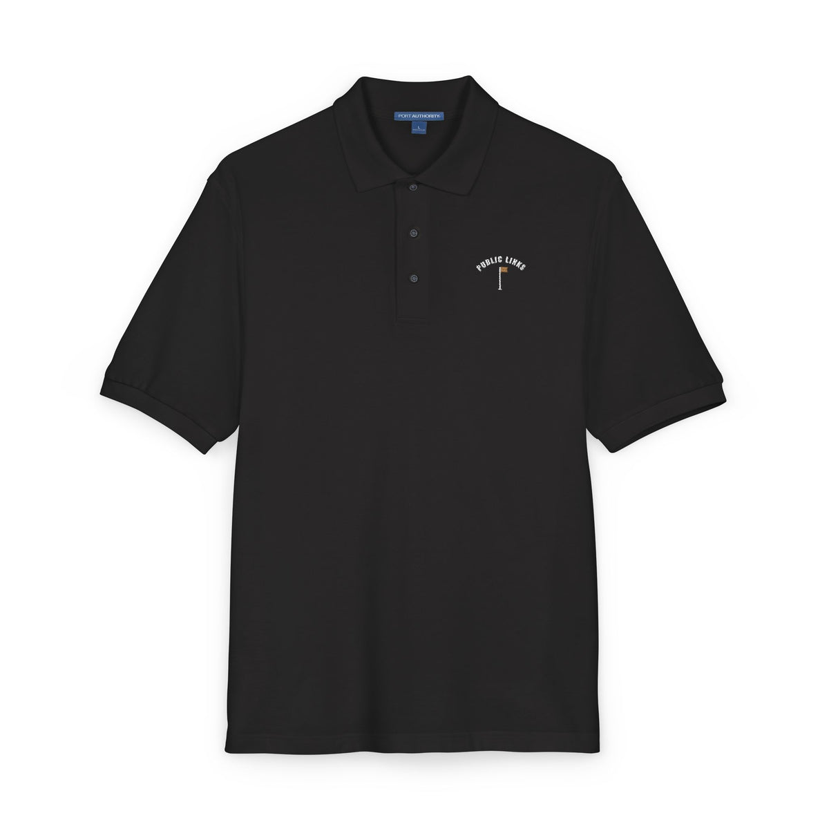 Public Links Arch Polo in Black, embroidery close-up