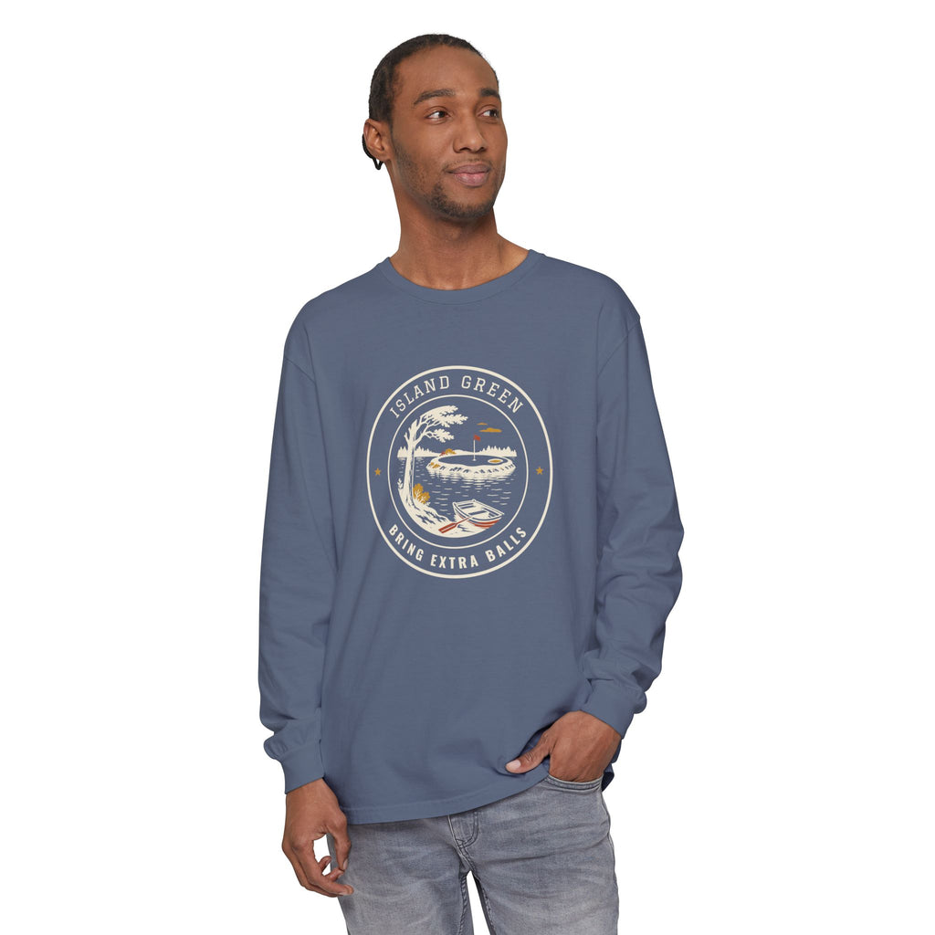 Island Green Long Sleeve Tee in Blue Jean, on model