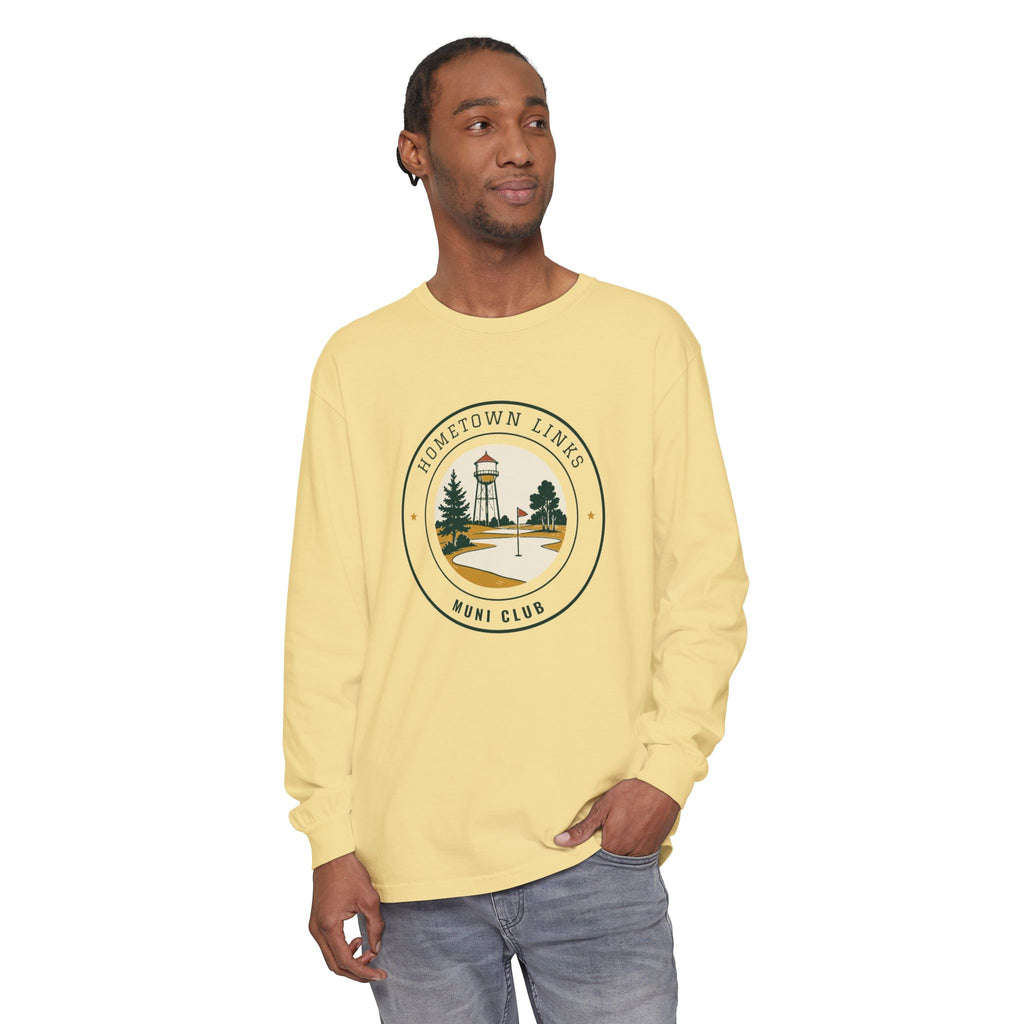 Hometown Links Long Sleeve Tee in Butter, on model